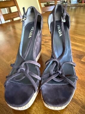 Prada Sandal Dark Brown Suede Wedge with Ankle Buckle